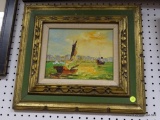 (R3) OIL ON CANVAS OF SAILING SHIPS IN A GOLD TONE AND GREEN FRAME. MEASURES 18 IN X 17 IN. ITEM IS