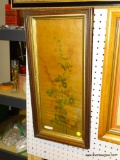 (R3) ANTIQUE WALNUT FRAMED PRINT OF FLOWERS. MEASURES 11 IN X 24 IN. PRINT HAS SOME WATER DAMAGE.