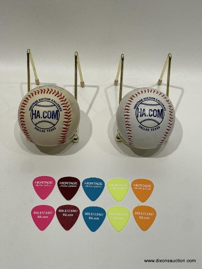 (1A) HERITAGE AUCTION GALLERIES COLLECTIBLE BASEBALLS, AND TWO SETS OF GUITAR PICKS