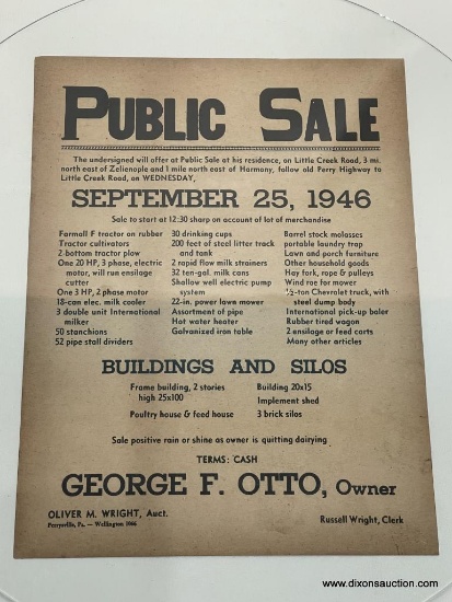 (2B) 1946 AUCTION SALE BILL: PUBLIC SALE OF THE RESIDENCE OF GEORGE F. OTTO BY OLIVER M. WRIGHT,