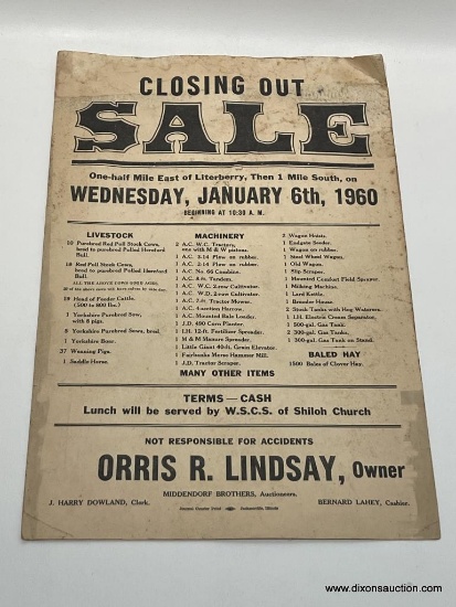 (2B) 1960 AUCTION SALE BILL: CLOSING OUT SALE ORRIS R. LINDSAY, OWNER, MIDDENDORF BROTHERS