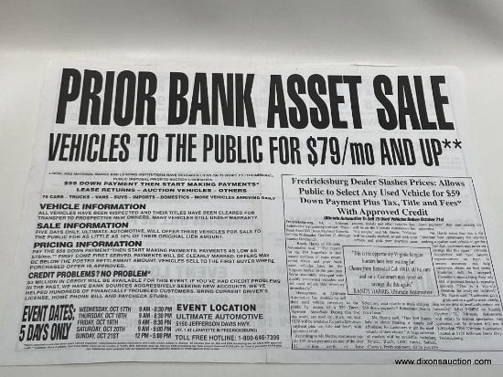 (2B) PRIOR BANK ASSET SALE TWO SIDED AUCTION HANDBILL FREDERICKSBURG, VA - MEASURES 18"W X 23"L