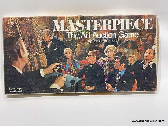 (2B) MASTERPIECE THE ART AUCTION GAME BY PARKER BROTHERS. COMPLETE, BUT BOX IS TORN AND HAS SOME