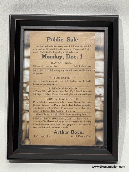 (2B) FRAMED PUBLIC SALE POSTCARD AUCTION SALE BILL H.O. BOYER AUCTIONEER, KANSAS - MEASURES 3.75"W X