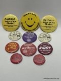 (9I BOX) AUCTIONEER CAMPAIGN AND AUCTION ADVERTISING PINBACK BUTTONS COLLECTION