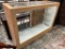 BLONDE FINISH GLASS DISPLAY CASE SHOWCASE, LIGHTED WITH ALL SHELVES AND TOP INTACT, ANTIQUE SHOP