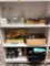 SHELF LOT: CONTENTS OF THREE SHELVES INCLUDING VINTAGE TUPPERWARE, STAINLESS KITCHENALIA, MANDOLINE,