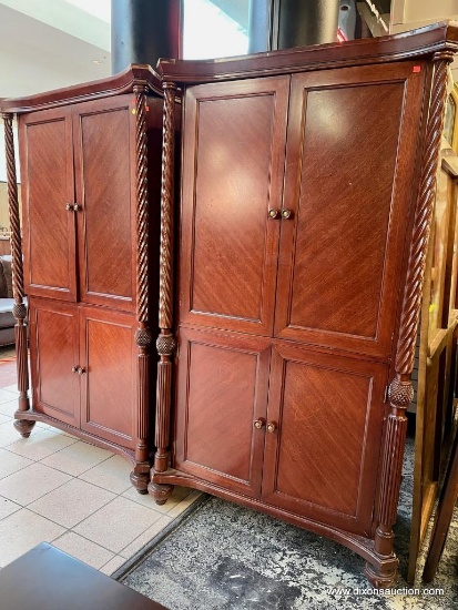 TWO LARGE CONTEMPORARY FEDERAL STYLE ARMOIRES WITH PINEAPPLE AND SPIRAL POSTS (CONDITION ISSUES)