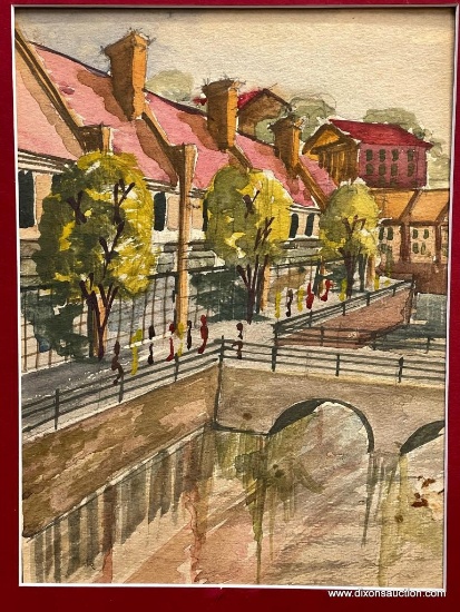 URBAN SCENE OF BRIDGE AND WALKWAY ORIGINAL WATERCOLOR (14 X 18)