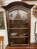 ANTIQUE MULLIONED GLASS DOOR WALL CABINET WITH ARCHED TOP AND INTERIOR SHELVES (43 X 24 X 10)