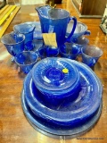 COBALT BLUE DEPRESSION GLASS INCLUDING OVAL SERVER, PITCHER, PUNCH CUPS, SAUCERS, LUNCHEON PLATES