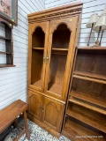 TWO-OVER-TWO DOOR OAK CABINET WITH DENTIL CROWN, CATHEDRAL WINDOWS, MISSING FRONT GLASS 77 X 30 X 17