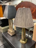 MID CENTURY MODERN BRASS URN BASE LAMP, AND GRECIAN PILLAR LAMP WITH ACANTHUS LEAF FINIAL (TALLEST