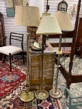 THREE BRASS FLOOR LAMPS WITH SHADES, APPROX 56 INCHES IN HEIGHT