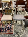 TWO METAL BAR HEIGHT CHAIRS WITH MICROFIBER SEATS, ONE HAS GOLF PATTERN ON THE BACK