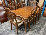 ART NOUVEAU STYLE DINING ROOM TABLE AND 6 CHAIRS WITH LEAVES AND PADS INCLUDED. TABLE MEASURES 68 X