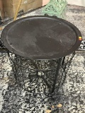 METAL OUTDOOR TRAY TOP COCKTAIL TABLE WITH STORAGE BASKET BELOW 23 INCH DIAMETER, 19 INCHES HIGH