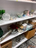 SHELF LOT: CONTENTS OF THREE SHELVES INCLUDING WEDGWOOD PITCHER, STEMWARE, COLLECTOR PLATES, EMERALD