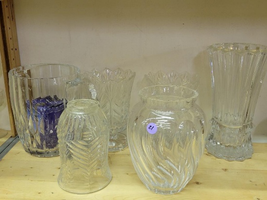 LOT OF CRYSTAL VASES AND GLOBES AND AN ICE BUCKET - SOME MARKED POLAND CRYSTAL - TALLEST MEASURES