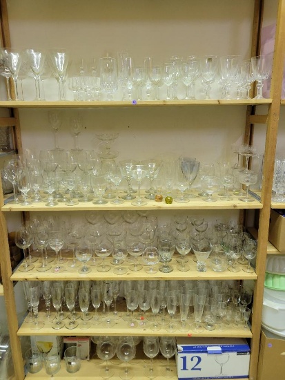 HUGE LOT OF ASSORTED CRYSTAL AND GLASS WEDDING STEMWARE INCLUDING WINE GLASSES, PILSNERS, BARWARE,