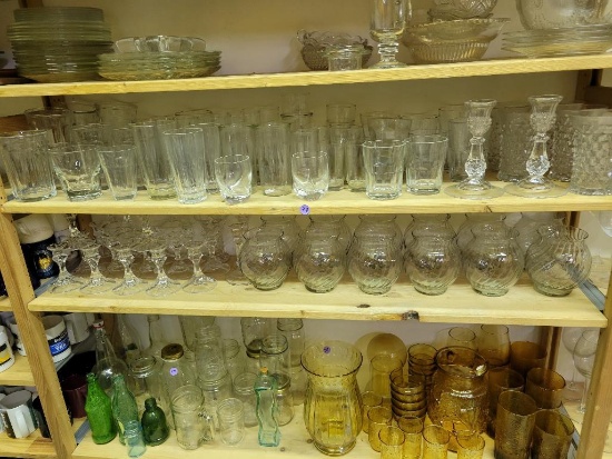 LOT OF ASSORTED VINTAGE AND MODERN GLASSWARE, CANDLE STICKS AND AANCHOR HOCKING SPIRAL DESIGN VASES