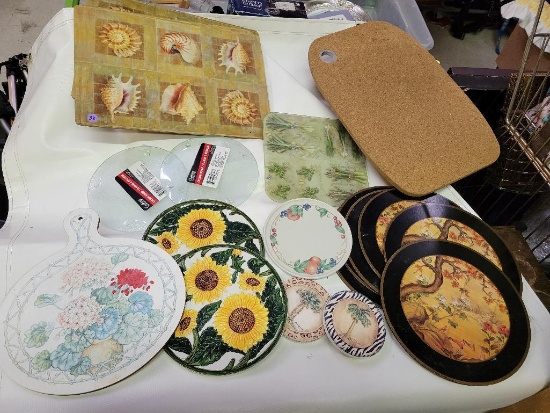 LOT OF CORK, GLASS ETC HOT PLATES, PLACE MATS AND COASTERS - VARIOUS ASIAN FLORAL, TROPICAL THEMES -