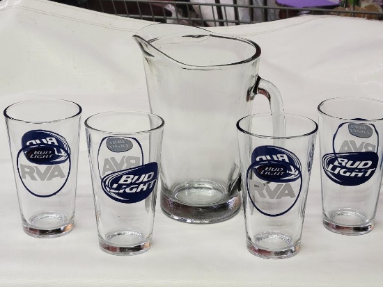 BEVERAGE/BEER SET INCLUDES A PITCHER AND 4 BUD LIGHT/RVA GLASSES - PITCHER MEASURES APPROX 8.75"H