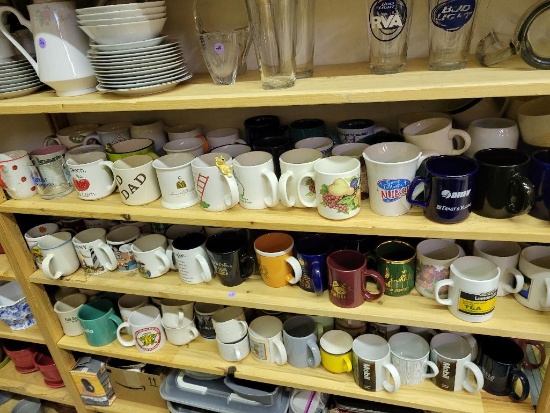 HUGE LOT OF COFFE CUPS/MUGS - VARIOUS THEMES - OVER 100 TOTAL - THREE SHELVES TOTAL