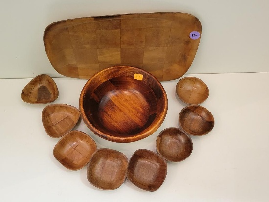 FORMOSA WOOD DIPPING BOWLS AND TRAY AND A WOODEN INDIVIDUAL SALAD BOWL - TRAY MEASURES 8"W X 12"L