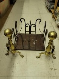 PAIR OF HEAVY BRASS ANDIRONS AND A VINTAGE IRON NEWSPAPER/MAGAZINE HOLDER/STACKER