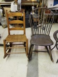 A VINTAGE LADDER BACK ROCKER WITH RUSH SEAT AND A PRIMITIVE BOW BACK CHAIR - GREAT PROJECT PIECES!