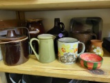 LOT OF VARIOUS CERAMIC POTTERY INCLUDING A STONEWARE BROWN GLAZED LIDED CHEESE CROCK AND PITCHER,