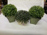 VARIOUS SMALL FAUX BOXWOOD PLANTS IN DCORATIVE PLANTERS - LARGEST MEASURES - 3 TOTAL