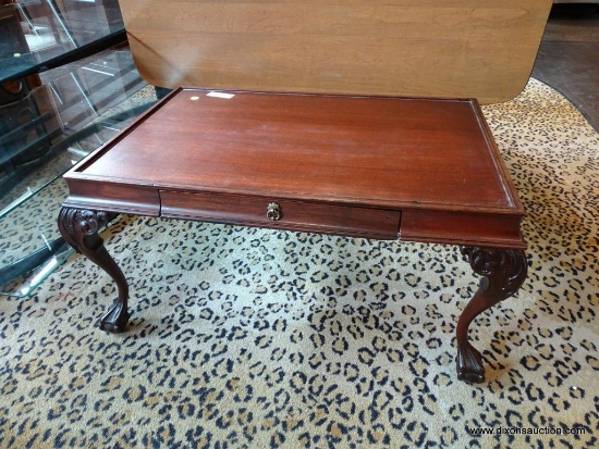 CENTER ROW FRONT - ONE DRAWER CLAW FOOT MAHOGANY ONE DRAWER COFFEE TABLE. APPROX 16 INCHES TALL , 19