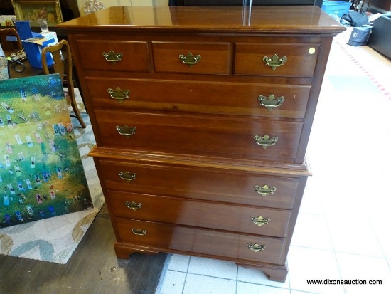 FRONT RIGHT - UNIQUE FURNITURE COMPANY CHERRY CHEST ON CHEST - THREE DRAWERS OVER TWO. THREE DRAWERS