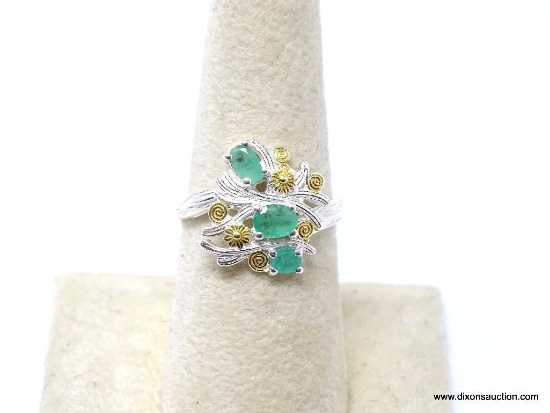 .925 AAA HANDMADE COLOMBIAN NATURAL 3 STONE EMERALD GOLD AND SILVER FLOWER DESIGN; SIZE 7.25; NEW!