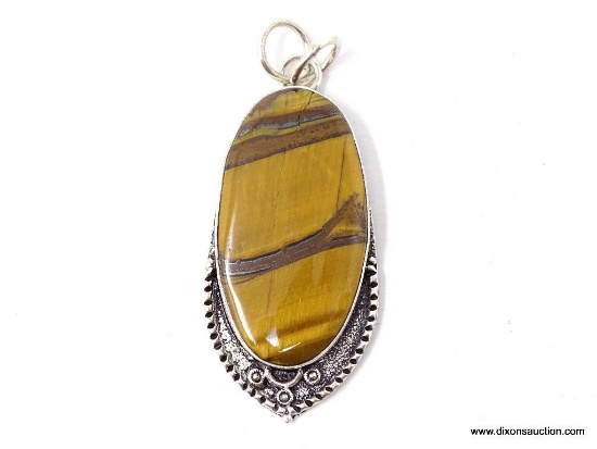 . 925 2 1/2 INCH AAA LARGE DETAILED OVAL GOLD IN GEMSTONE TIGER EYE PENDANT NEW SUGGESTED RETAIL