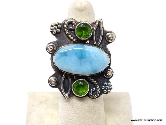 .925 AAA GORGEOUS DETAILED LARGE DESIGNER LARIMAR GEMSTONE WITH PERIDOT ACCENTS SIZE 7.5 NEW