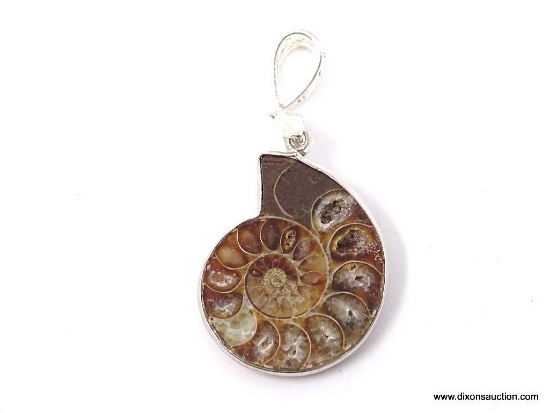 . 925 RHODIUM LARGE ONE AND 3/4 7 INCH FOSSIL AMMONITE PENDANT NEW SUGGESTED RETAIL PRICE $39