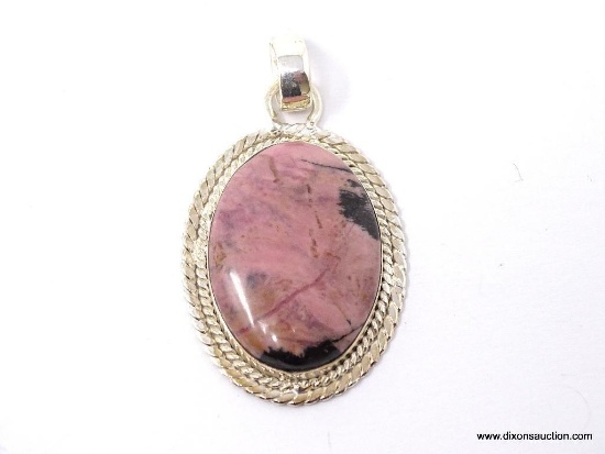 .925 2 INCH PINKISH LARGE OVAL RHODONITE GEMSTONE PENDANT NEW SUGGESTED RETAIL PRICE $69