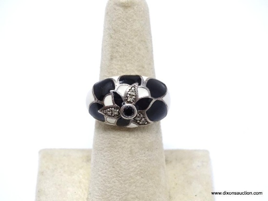 .925 STERLING SILVER FLORAL RING WITH BLACK BLACK ONYX & WHITE ENAMEL, CENTER BLACK ONYX STONE. SIZE