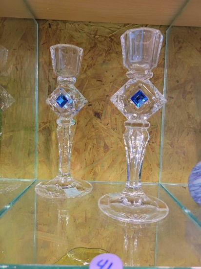 CRYSTAL CANDLE HOLDERS WITH BLUE CRYSTAL ACCENTS