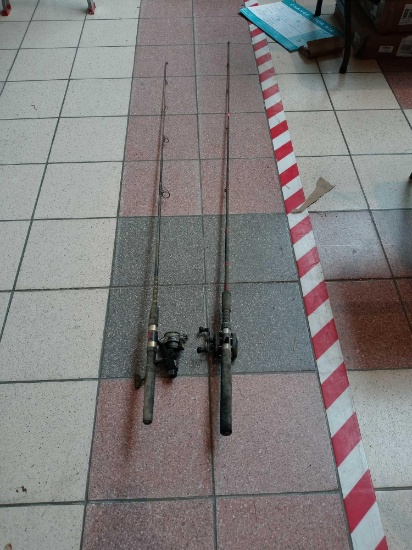 LOT OF TWO FISHING POLES WITH REELS, MEASUREMENTS ARE 80 INCHES AND 6 FOOT.