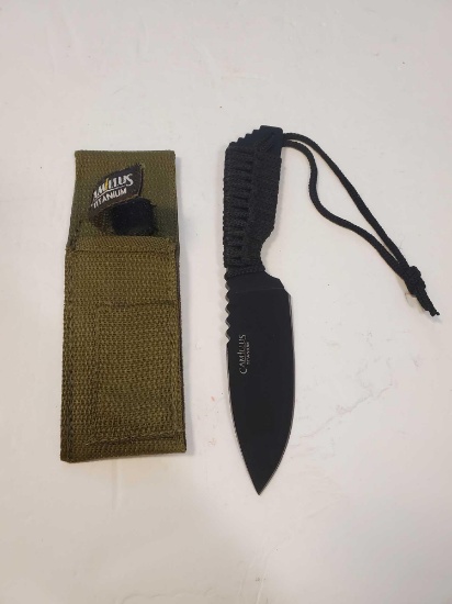 Camillus Titanium open knife W/ Nylon sheath, 4" blade, 8 1/4" total length.