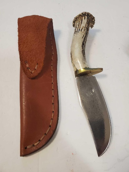 Hand made knife w/ antler handle, aprox 5 3/4" blade, 9 3/4" total length.