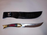 WHITE TAIL CUTLERY KNIFE, HANDMADE WITH A LEATHER SHEATH, MEASUREMENTS ARE APPROXIMATELY 12 IN AND 7