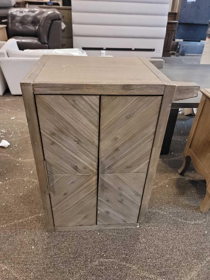 2 DRAWER NIGHTSTAND; HAS SOME DAMAGE AND MISSING A LEG (SEE PHOTOS FOR DETAILS); MEASURES 34 X 19 X