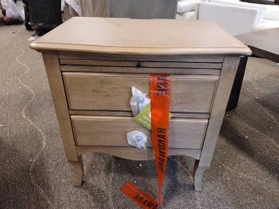 ASPENHOME PROVENCE 2 DRAWER NIGHTSTAND; HAS TRAY, POWERED, BOTTOM DRAWER IS CEDAR LINED; SMALL SCUFF