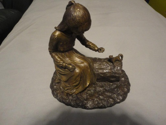 SMALL SIGNED BRONZE STATUE ? GIRL ON LOG WITH SQUIRREL ? CIRCA 1981 M GIBSON ALL ITEMS ARE SOLD AS