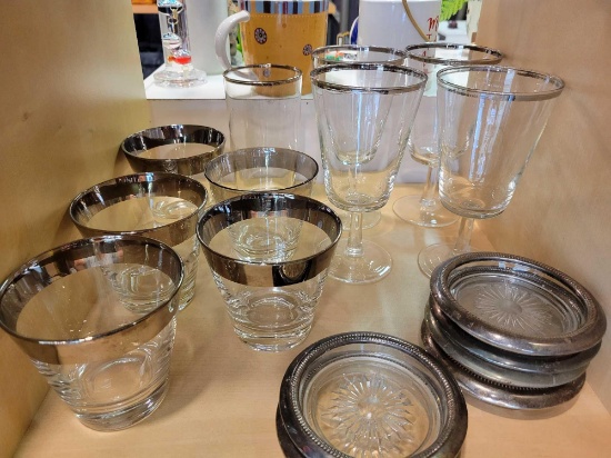 VINTAGE SILVER RIMMED BARWARE AND COASTERS